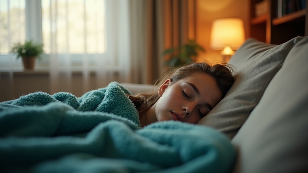 A parent gently adjusts a blanket over a sleepy teenager on a sunlit couch, highlighting care and understanding in a warm home setting.