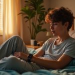 A young adult in sleepwear sits on a bed in soft morning light, thoughtfully looking at a wearable sleep tracker on their wrist in a cozy, warmly lit bedroom.