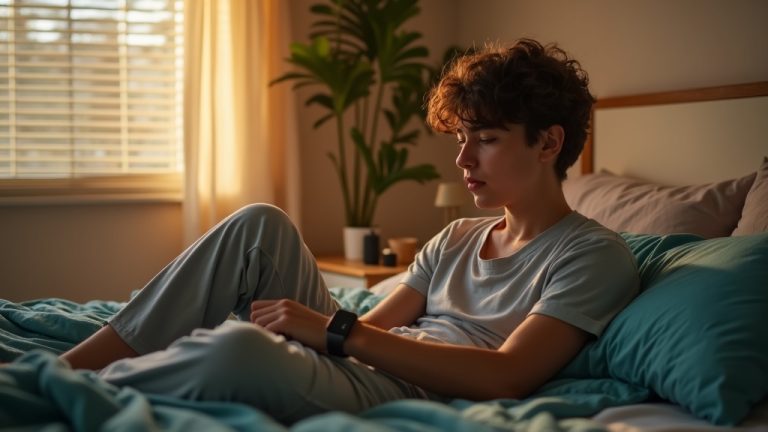 A young adult in sleepwear sits on a bed in soft morning light, thoughtfully looking at a wearable sleep tracker on their wrist in a cozy, warmly lit bedroom.
