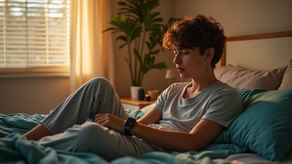 A young adult in sleepwear sits on a bed in soft morning light, thoughtfully looking at a wearable sleep tracker on their wrist in a cozy, warmly lit bedroom.