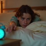 A young adult looks confused and tired in a warmly lit bedroom at dawn, reaching toward a glowing alarm clock on the nightstand.