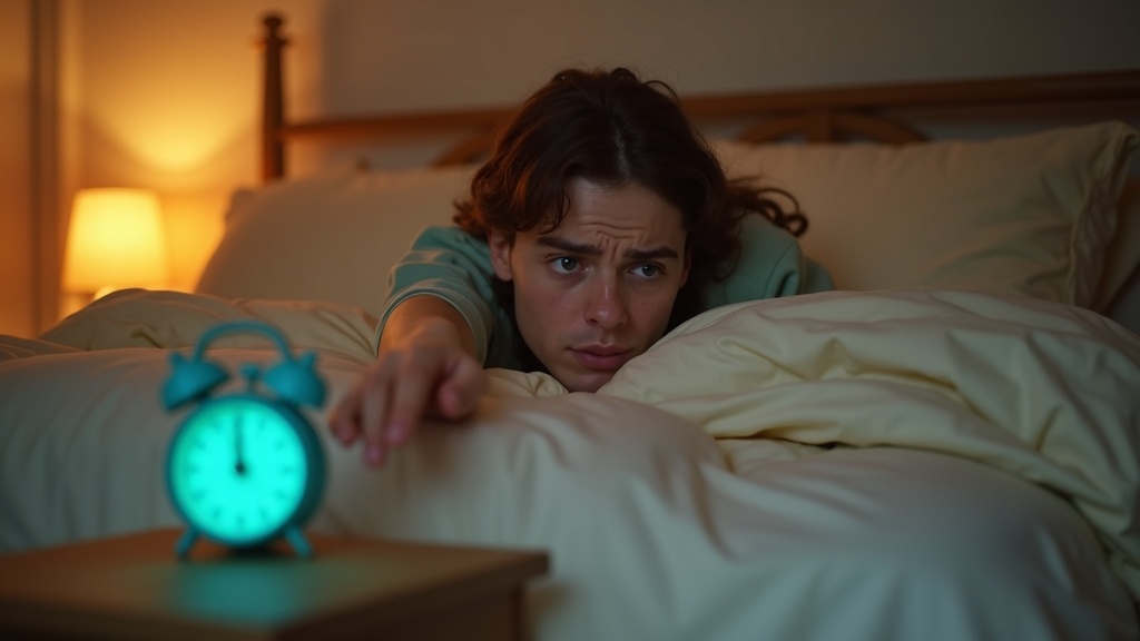 A young adult looks confused and tired in a warmly lit bedroom at dawn, reaching toward a glowing alarm clock on the nightstand.