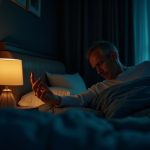 An adult lying awake in bed at night adjusts a bedside lamp as warm and cool lights mix in a softly cluttered bedroom, reflecting common lighting challenges for sleep.
