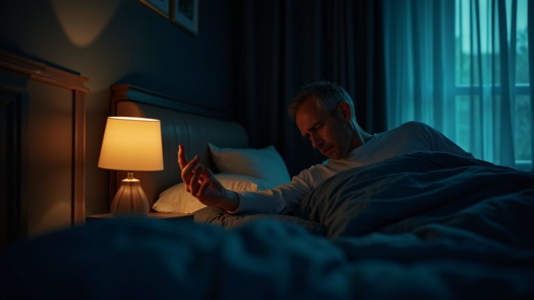 An adult lying awake in bed at night adjusts a bedside lamp as warm and cool lights mix in a softly cluttered bedroom, reflecting common lighting challenges for sleep.