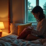 A young person arranges pillows and adjusts a vintage lamp in a small, cozy bedroom softly lit by both natural and warm lamp light.