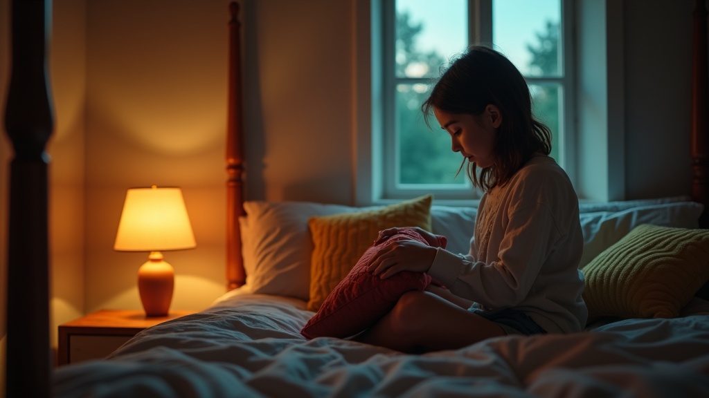 A young person arranges pillows and adjusts a vintage lamp in a small, cozy bedroom softly lit by both natural and warm lamp light.