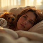 A young adult and their pet share a cozy bed in soft morning light, illustrating the warmth and intimacy of sleeping with pets.