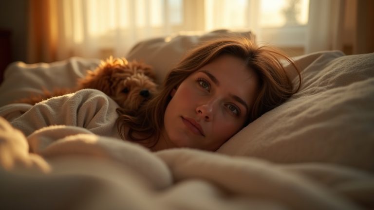 A young adult and their pet share a cozy bed in soft morning light, illustrating the warmth and intimacy of sleeping with pets.