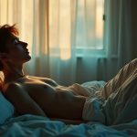 Young adult resting upright on a bed in a softly lit bedroom at dawn, surrounded by cozy pillows and bathed in ambient window light, capturing a quiet, intimate moment of trying to return to sleep.