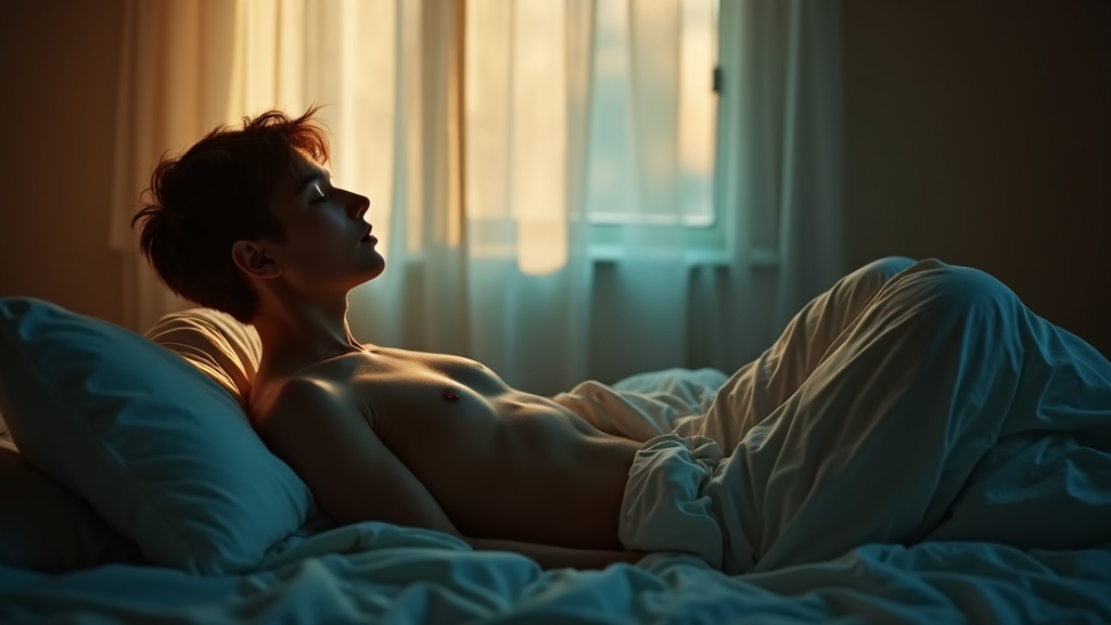 Young adult resting upright on a bed in a softly lit bedroom at dawn, surrounded by cozy pillows and bathed in ambient window light, capturing a quiet, intimate moment of trying to return to sleep.