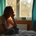 A young adult sits thoughtfully on the edge of an unmade bed in gentle morning light, reflecting feelings of early fatigue and curiosity.