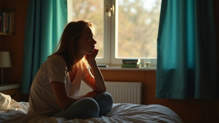 A young adult sits thoughtfully on the edge of an unmade bed in gentle morning light, reflecting feelings of early fatigue and curiosity.
