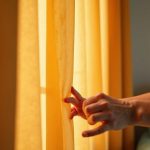 A person thoughtfully adjusts a thick amber curtain in a softly lit bedroom, using layered fabrics and natural light to create a peaceful, quiet space for sleep.