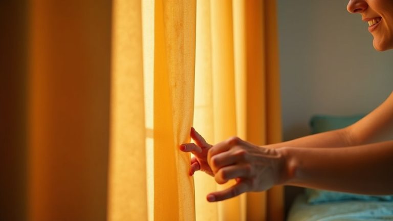 A person thoughtfully adjusts a thick amber curtain in a softly lit bedroom, using layered fabrics and natural light to create a peaceful, quiet space for sleep.