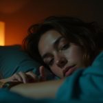 A person lies awake in a softly lit bedroom at night, reaching toward a bedside device with a thoughtful expression, emphasizing the emotional impact of sleep tracking.