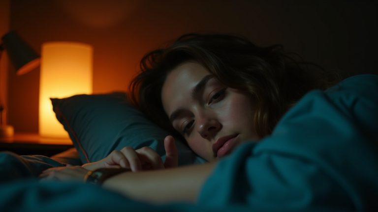 A person lies awake in a softly lit bedroom at night, reaching toward a bedside device with a thoughtful expression, emphasizing the emotional impact of sleep tracking.