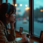 A young adult sits pensively at a café table with a coffee cup at dusk, indoor light contrasting with cool evening colors outside.