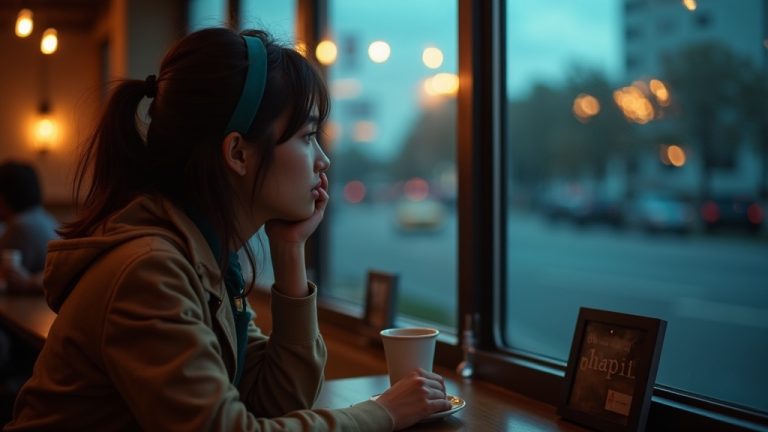 A young adult sits pensively at a café table with a coffee cup at dusk, indoor light contrasting with cool evening colors outside.