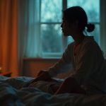 A person in soft sleepwear sits thoughtfully on a warmly lit bed at night, illuminated by amber lamp light and teal window light, conveying a moment of midnight wakefulness.
