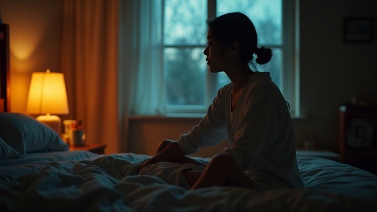A person in soft sleepwear sits thoughtfully on a warmly lit bed at night, illuminated by amber lamp light and teal window light, conveying a moment of midnight wakefulness.