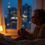 A warmly lit bedroom at dusk with a mid-aged person sitting by a window, holding a cup and gazing out thoughtfully, surrounded by cozy, lived-in details.