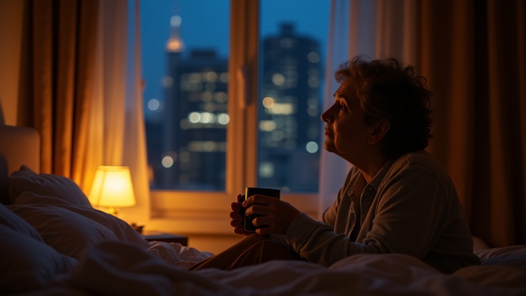 A warmly lit bedroom at dusk with a mid-aged person sitting by a window, holding a cup and gazing out thoughtfully, surrounded by cozy, lived-in details.