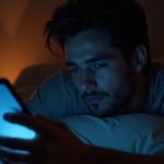 A young adult in bed at night faces a smartphone glowing blue, caught between checking their device and drifting off to sleep under a warm bedside lamp.