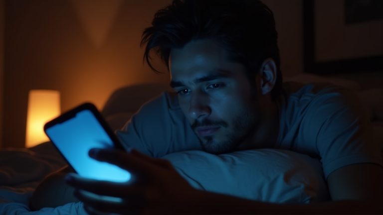 A young adult in bed at night faces a smartphone glowing blue, caught between checking their device and drifting off to sleep under a warm bedside lamp.