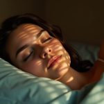A person resting at dawn in a softly lit bedroom, their face partially covered by layered shadows resembling brainwave patterns, highlighting the transition between sleep and wakefulness.