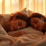 A couple sharing a softly lit bed at dawn, with one partner awake and wearing earplugs, quietly observing their sleeping companion through sheer curtains with warm natural light.