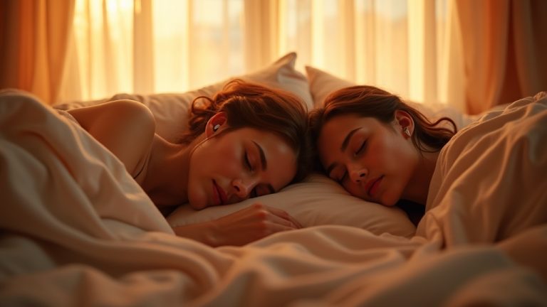 A couple sharing a softly lit bed at dawn, with one partner awake and wearing earplugs, quietly observing their sleeping companion through sheer curtains with warm natural light.