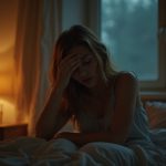 A sleepy adult in nightwear sits on a cozy bed, softly illuminated by a warm lamp and partially shadowed window, preparing for a restful night.