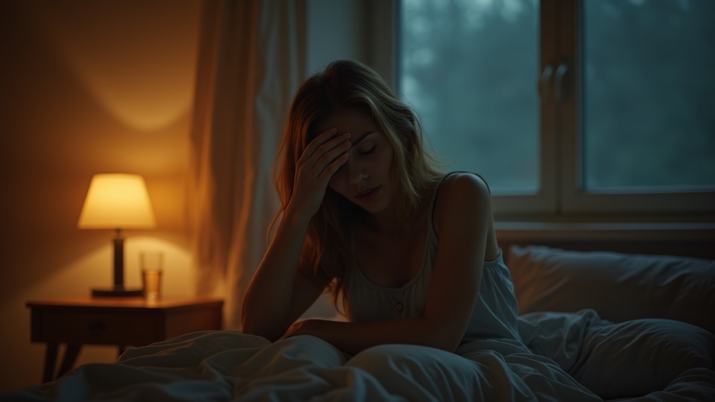 A sleepy adult in nightwear sits on a cozy bed, softly illuminated by a warm lamp and partially shadowed window, preparing for a restful night.