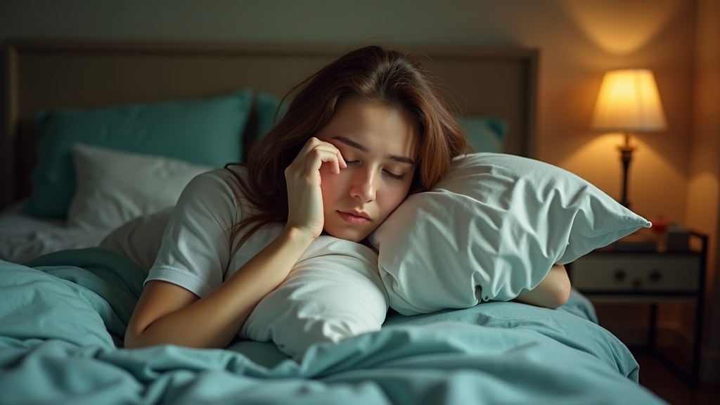 A young adult sitting up in a warmly lit, slightly messy bedroom, rubbing their eyes with a drowsy, confused look after waking from a nap.