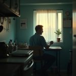 A shift worker sits alone at a small kitchen table at dawn, showing signs of fatigue and contemplation as they drink coffee in mixed morning and lamp light.