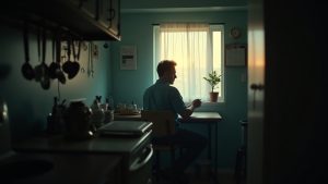 A shift worker sits alone at a small kitchen table at dawn, showing signs of fatigue and contemplation as they drink coffee in mixed morning and lamp light.