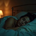 A person resting peacefully in a warmly lit bedroom, surrounded by gentle colored sound trails, capturing a calm sleep environment.