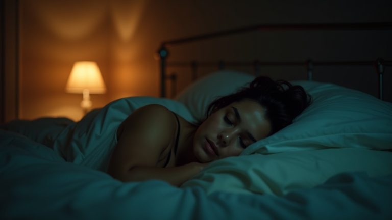 A person resting peacefully in a warmly lit bedroom, surrounded by gentle colored sound trails, capturing a calm sleep environment.