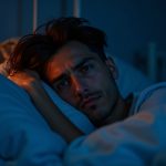 A person in bed at night, eyes open and contemplative, as varied blue and amber light from street lamps and electronics creates shadows across their face.