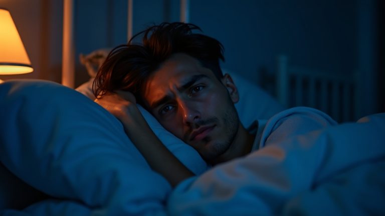 A person in bed at night, eyes open and contemplative, as varied blue and amber light from street lamps and electronics creates shadows across their face.