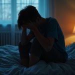 A young adult sits on a messy bed at dawn with their head in their hands, visibly exhausted and frustrated after a restless night.