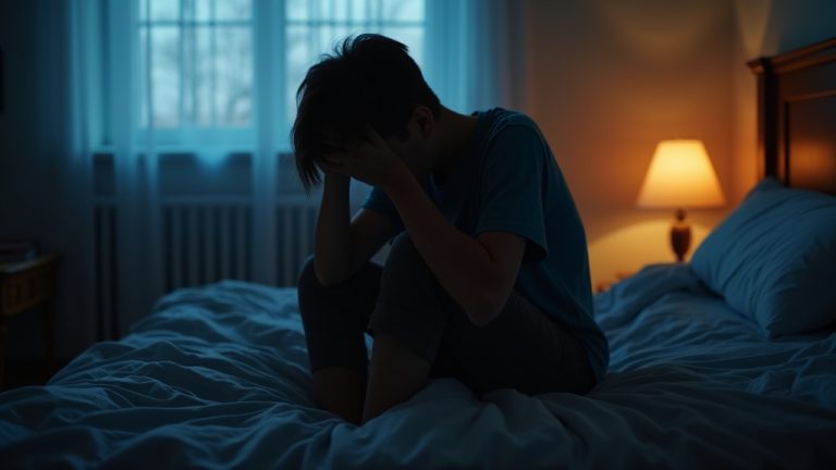 A young adult sits on a messy bed at dawn with their head in their hands, visibly exhausted and frustrated after a restless night.