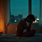 A contemplative person sits on the edge of their bed in a softly lit room, fatigue and restlessness visible as city lights glow outside and a door stands slightly open.