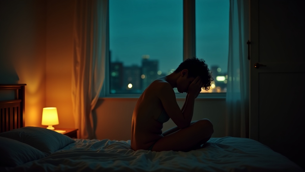 A contemplative person sits on the edge of their bed in a softly lit room, fatigue and restlessness visible as city lights glow outside and a door stands slightly open.