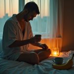 A young adult sitting on a bed at twilight, surrounded by unexpected foods like a banana and coffee, reflecting on late night eating in a warm-toned bedroom.