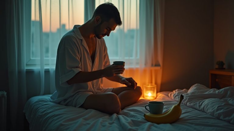 A young adult sitting on a bed at twilight, surrounded by unexpected foods like a banana and coffee, reflecting on late night eating in a warm-toned bedroom.