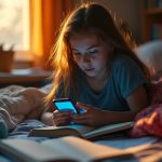 Teen girl at dawn, drowsy on her bed with school supplies nearby, bathed in mixed sunlight and phone glow, highlighting the struggle between rest and schoolwork.