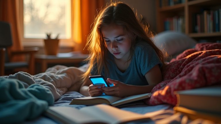 Teen girl at dawn, drowsy on her bed with school supplies nearby, bathed in mixed sunlight and phone glow, highlighting the struggle between rest and schoolwork.