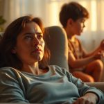 A tired parent in a cozy living room watches their playful child, with soft afternoon light enhancing both serenity and playful energy.