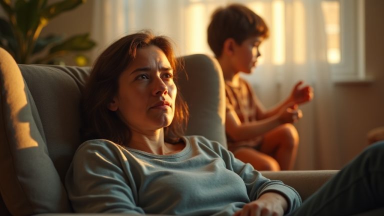 A tired parent in a cozy living room watches their playful child, with soft afternoon light enhancing both serenity and playful energy.
